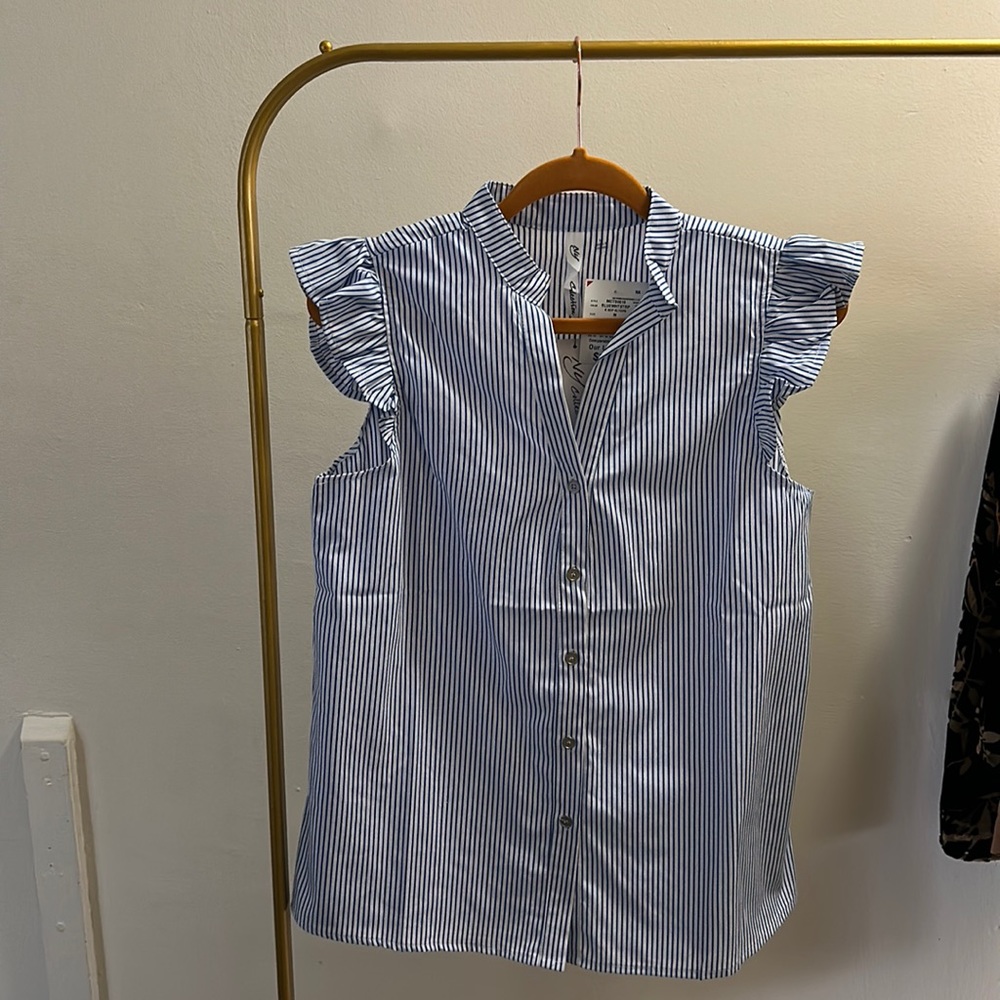 Blue & White Thin Stripped Sleeveless Button Down Blouse.